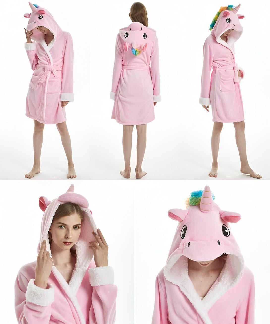 Une femme porte une combinaison pyjama rose en forme de licorne. La combinaison est à capuche et a une fermeture éclair sur le devant. La capuche est dotée d'une corne de licorne et d'oreilles de lapin. La combinaison est également dotée de poches et d'une ceinture.