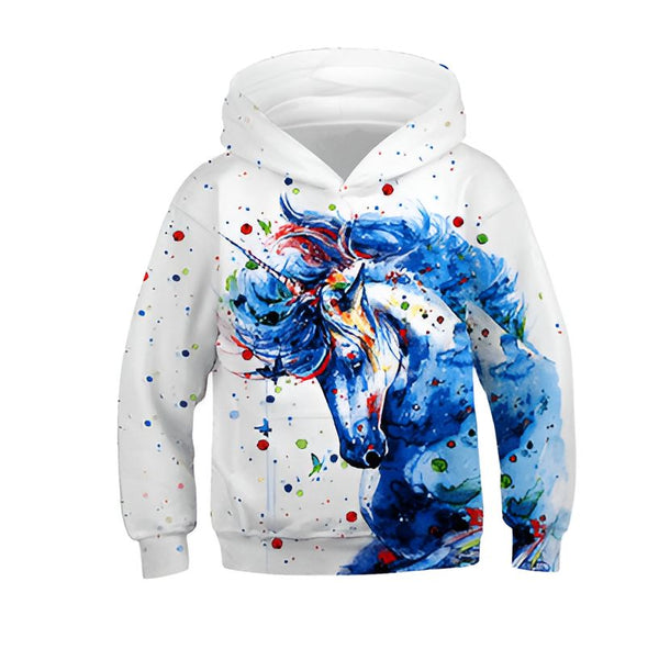 Vue d'un sweat-shirt blanc à capuche imprimé avec une image d'aquarelle de licorne bleue., 45501771055359,45501771088127,45501771120895,45501771153663,45501771186431,45501771219199,45501771284735,45501771317503 | Licorne Shop