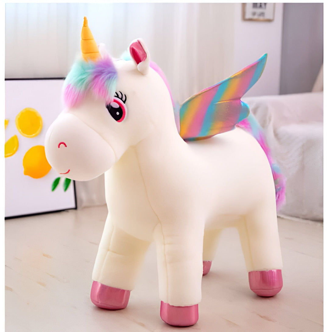 Peluche licorne blanche avec crinière et queue arc-en-ciel, corne jaune et ailes colorées. Jouet doux pour enfants., 45501420929279 | Licorne Shop