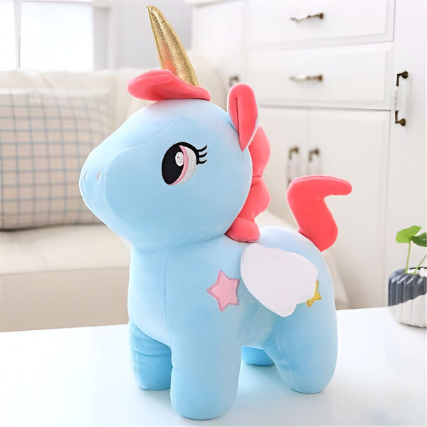 Peluche licorne bleue avec corne dorée, crinière rose, ailes blanches et étoile rose brodée. Jouet mignon pour enfant ou cadeau original., 45501419979007 | Licorne Shop