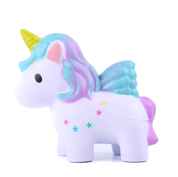 Un joli squishy licorne blanc avec des ailes et une crinière multicolore (bleu, rose et violet), orné d'étoiles colorées. Objet de collection ou jouet déstressant., 45502413996287 | Licorne Shop