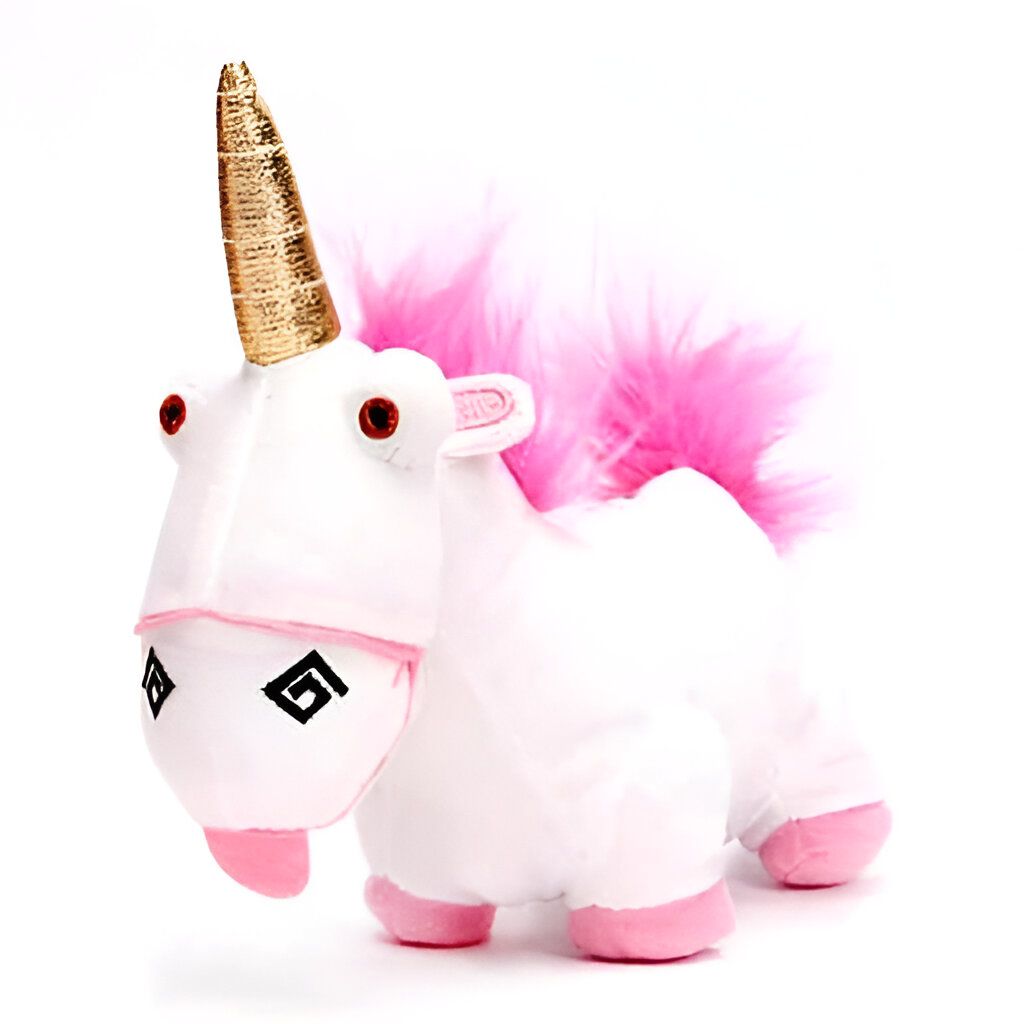 Peluche d'un licorne blanc, corne dorée, crinière et sabots roses. Ses yeux sont rouges et sa bouche a des motifs noirs., 45501420667135 | Licorne Shop