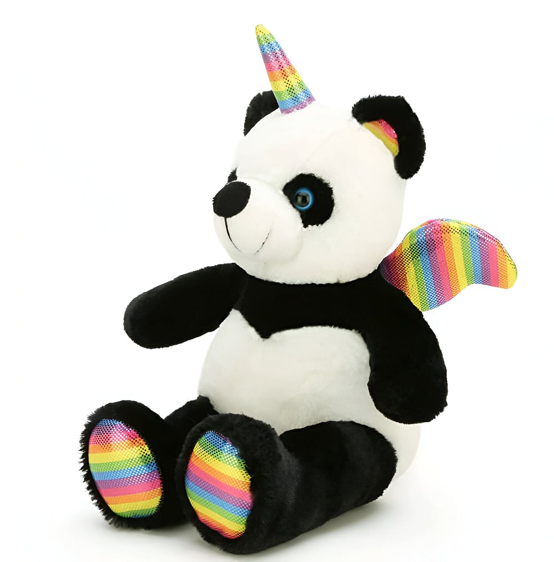 Peluche panda noir et blanc avec corne et ailes arc-en-ciel, pattes à rayures colorées. Jouet fantaisie, décoration chambre d'enfant., 45501421420799 | Licorne Shop