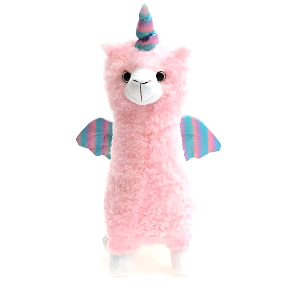 Peluche d'alpaga rose avec des ailes rayées et une corne de licorne. Jouet doux pour enfants, cadeau mignon, décoration fantaisiste. Idéal pour les fans d'animaux imaginaires., 45501420994815 | Licorne Shop