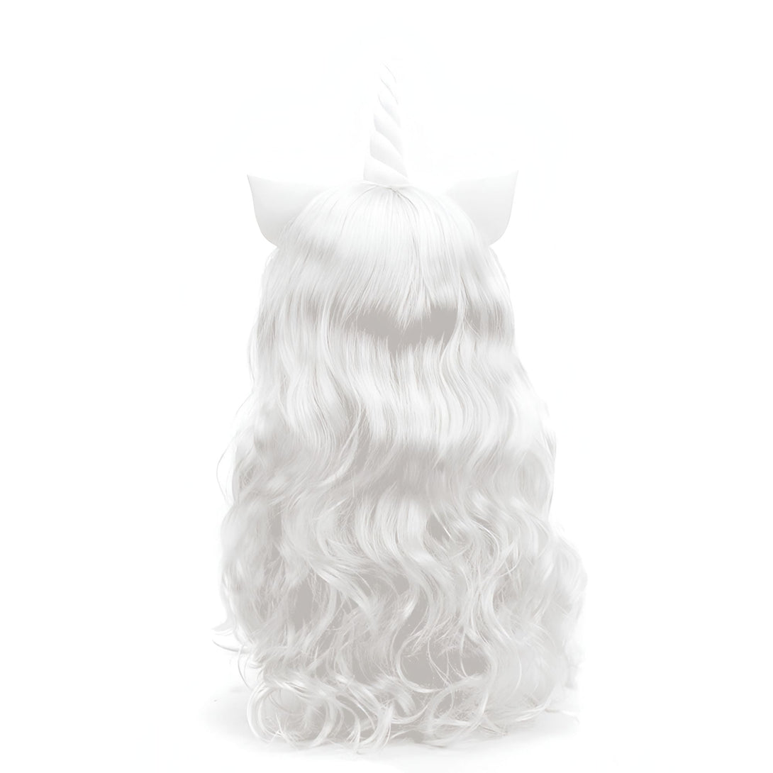 Perruque blanche d'unicorne avec une corne et des oreilles. Costume ou déguisement pour fêtes, carnaval, cosplay ou Halloween. Cheveux longs et ondulés., 45501411590399 | Licorne Shop