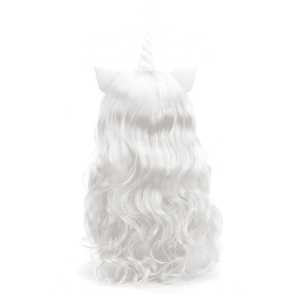Perruque blanche d'unicorne avec une corne et des oreilles. Costume ou déguisement pour fêtes, carnaval, cosplay ou Halloween. Cheveux longs et ondulés., 45501411590399 | Licorne Shop