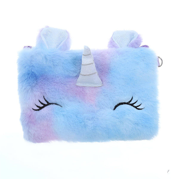Sac à main en peluche licorne bleu et violet avec des oreilles, une corne argentée et des yeux brodés. Accessoire mignon et tendance pour enfants., 45501374562559 | Licorne Shop