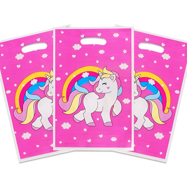 Trois sacs cadeaux roses décorés d'un dessin de licorne blanche avec une crinière arc-en-ciel, des étoiles et des nuages blancs. Idéal pour une fête d'anniversaire féerique., 45501308797183 | Licorne Shop