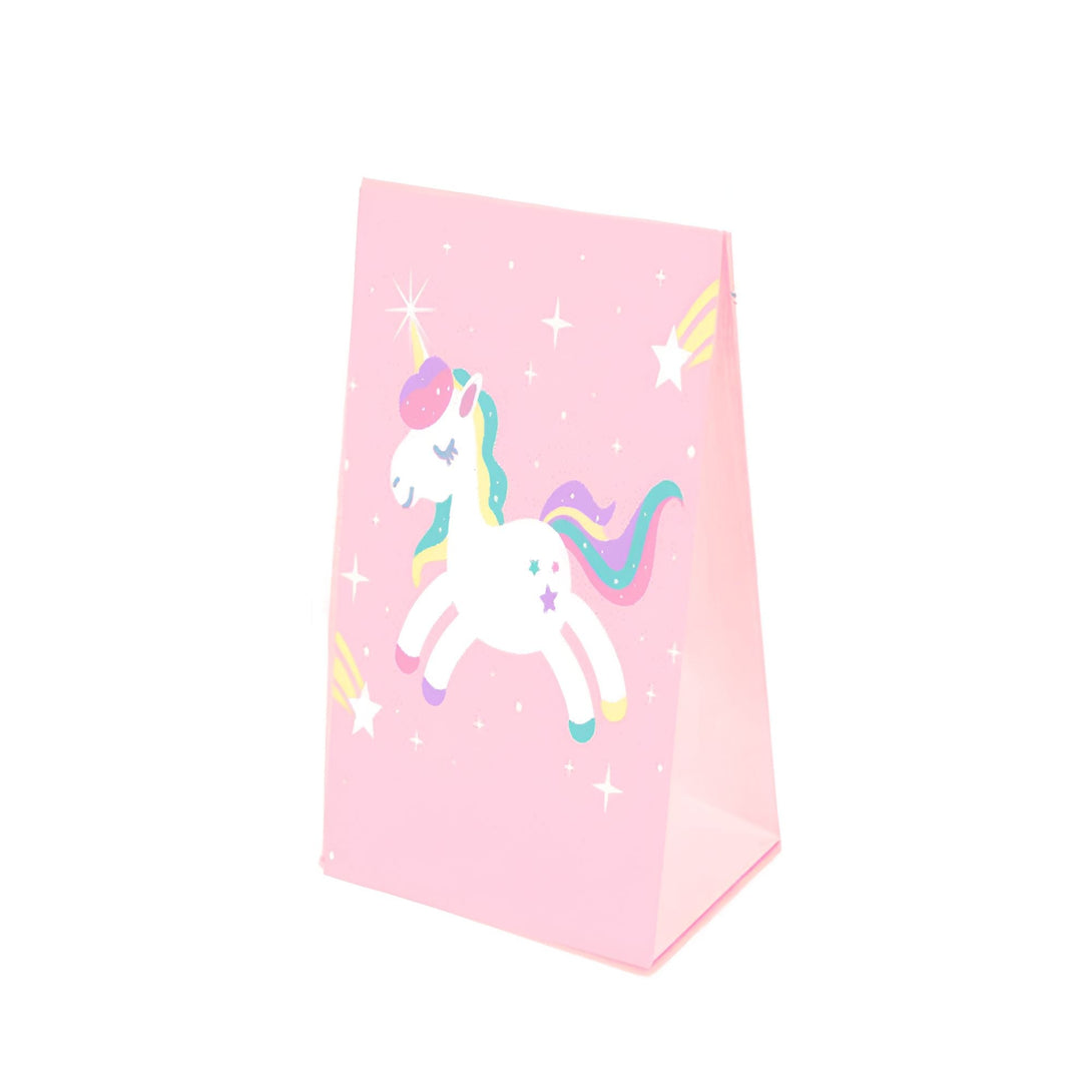 Sac cadeau rose décoré d'un motif de licorne blanche avec crinière et queue multicolores, étoiles et comètes. Idéal pour les fêtes d'enfants et les événements thématiques., 45501313810687 | Licorne Shop