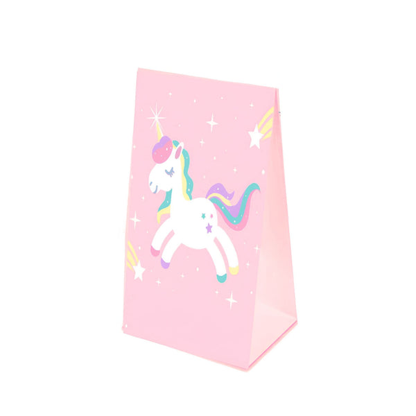 Sac cadeau rose décoré d'un motif de licorne blanche avec crinière et queue multicolores, étoiles et comètes. Idéal pour les fêtes d'enfants et les événements thématiques., 45501313810687 | Licorne Shop