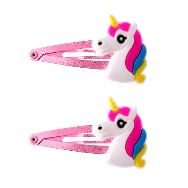 Deux jolies pinces à cheveux roses à paillettes, ornées de têtes de licorne blanches avec des crinières rose, bleu et jaune. Accessoires de mode enfantins pour une touche de fantaisie dans les coiffures., 45501801398527 | Licorne Shop
