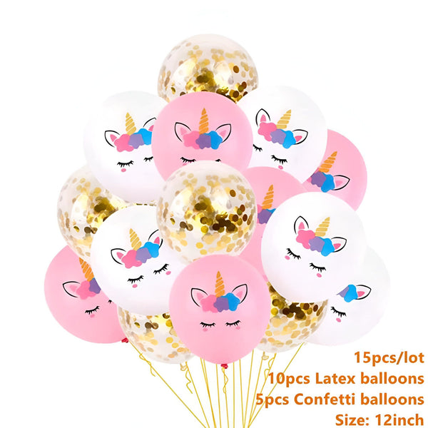 Ensemble de 15 ballons : 10 ballons en latex rose et blanc avec motifs licorne et 5 ballons confettis dorés pour une décoration festive., 45501112156415 | Licorne Shop