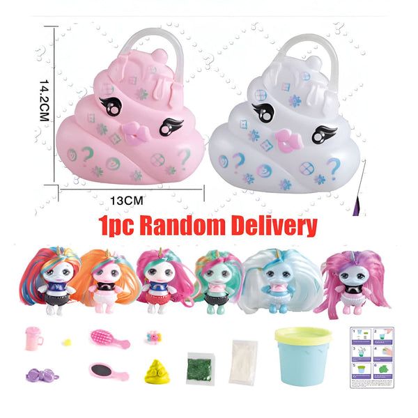 Image d'un ensemble de jeu Poopsie Slime Surprise. Il comprend 2 étuis en forme d'émoji caca, 5 poupées avec différents styles de cheveux colorés, et divers accessoires tels qu'un pot, une brosse, et des poudres de slime. Cet ensemble est conçu pour les enfants qui aiment les surprises et créer du slime., 45501262266623 | Licorne Shop