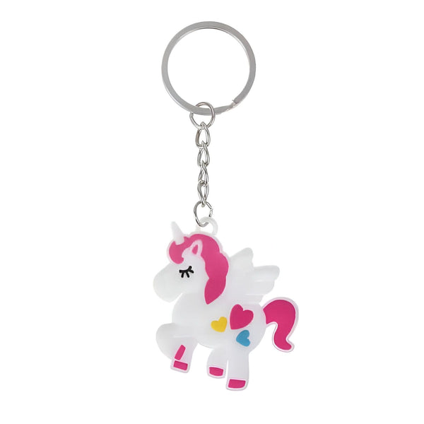 Porte-clés fantaisie avec un petit poney licorne blanc aux détails roses et des motifs de coeurs colorés. Accessoire mignon et original., 45501159571711 | Licorne Shop