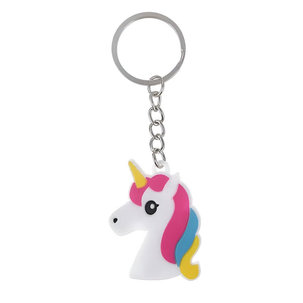 Porte-clés licorne en caoutchouc. Profil d'une licorne blanche avec une crinière rose, bleue et jaune et une corne dorée. Chaîne et anneau en métal argenté., 45501160423679 | Licorne Shop