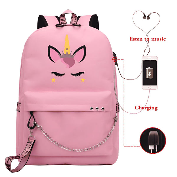 Sac à dos rose avec motif licorne, port USB pour charger un téléphone et écouteurs pour écouter de la musique. Accessoires de mode pour enfants et adolescents., 45501151740159 | Licorne Shop