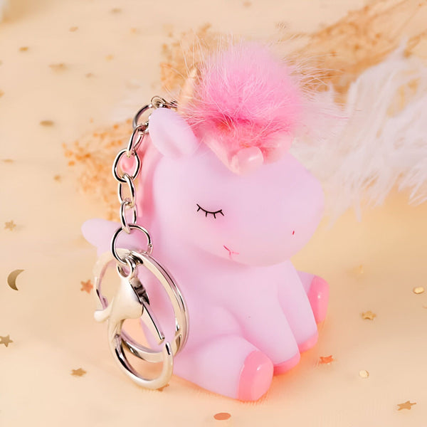 Image d'un porte-clés mignon en forme de licorne rose avec une queue de cheval en fausse fourrure rose. La licorne a un visage souriant et des yeux fermés. Le porte-clés est en métal argenté., 45501158850815 | Licorne Shop