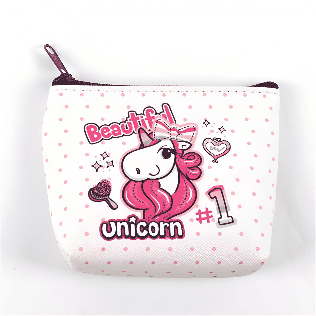 Porte-monnaie blanc à pois roses avec un dessin d'une licorne rose et blanche portant un noeud, accompagnée d'un peigne, d'un coeur et du numéro 1., 45501176905983 | Licorne Shop