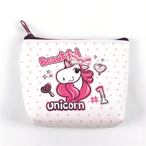 Porte-monnaie blanc à pois roses avec un dessin d'une licorne rose et blanche portant un noeud, accompagnée d'un peigne, d'un coeur et du numéro 1., 45501176905983 | Licorne Shop