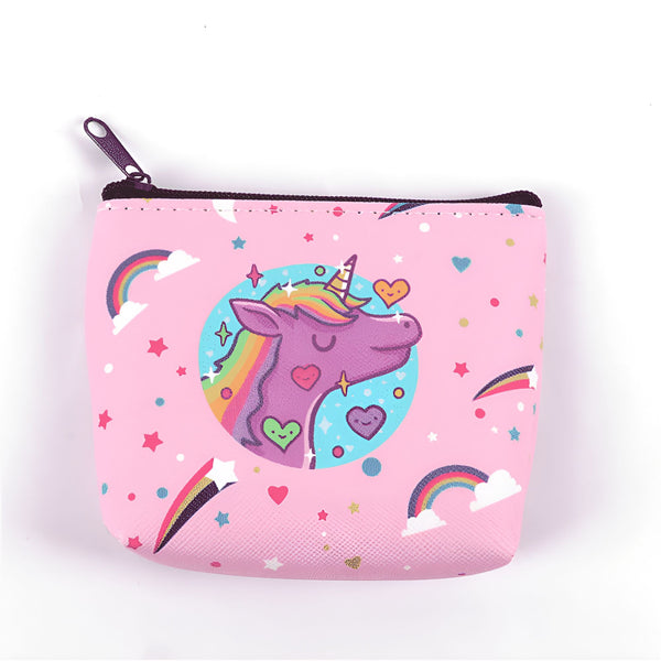 Porte-monnaie rose avec motif licorne, arcs-en-ciel et étoiles. Fermeture à glissière noire. Accessoire enfantin, design coloré et mignon., 45501176545535 | Licorne Shop