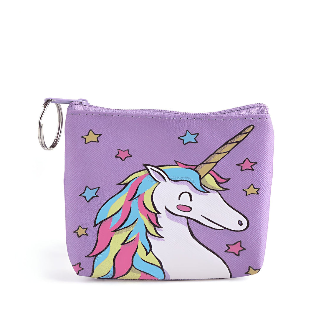 Porte-monnaie lilas avec motif licorne aux cheveux multicolores et étoiles. Fermeture éclair et anneau porte-clés., 45501170254079 | Licorne Shop