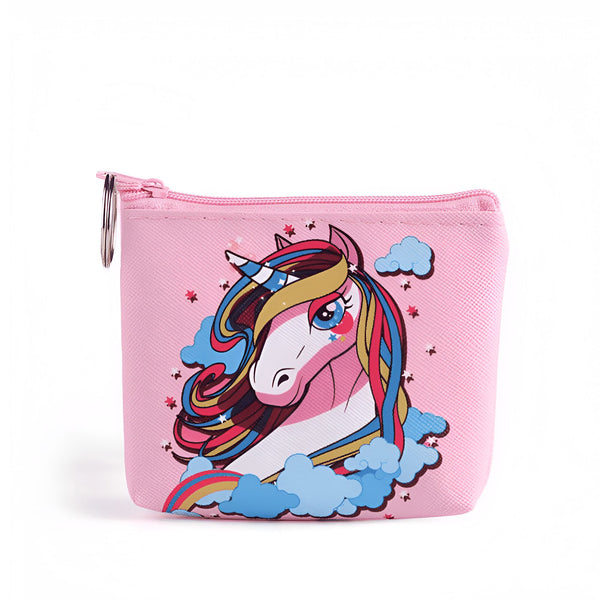 Porte-monnaie rose avec un dessin de licorne colorée. Accessoire mignon et pratique pour ranger des petites pièces. Design fantaisiste avec nuages et arc-en-ciel. Idéal pour les enfants et les adultes qui aiment les licornes., 45501176971519 | Licorne Shop