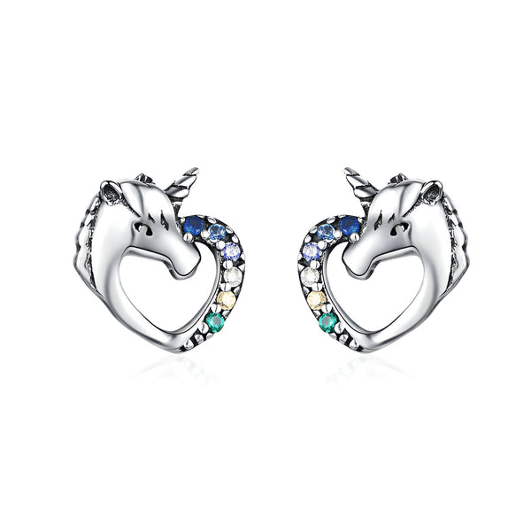 Boucles d'oreilles licorne argentées en forme de cœur, ornées de pierres multicolores. Bijoux fantaisie pour femmes et filles. Accessoire tendance et féerique., 45502396694783 | Licorne Shop