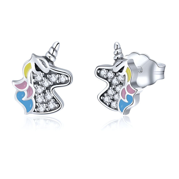 Paire de boucles d'oreilles licorne en argent sterling. Têtes de licornes colorées (bleu, rose, jaune) et ornées de strass blancs. Bijoux fantaisie pour enfants., 45502398103807 | Licorne Shop