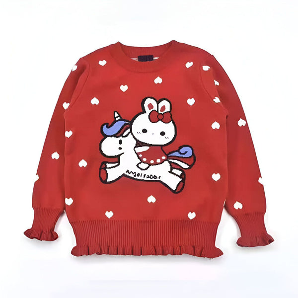 Pull rouge pour enfant avec motif de lapin sur une licorne, entouré de petits cœurs blancs. Détails à volants aux poignets., 45502211162367,45502211195135,45502211227903,45502211260671,45502211293439,45502211326207,45502211358975,45502211391743 | Licorne Shop