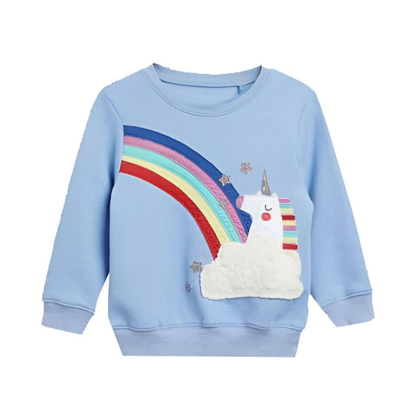Sweat-shirt bleu clair pour enfant avec un motif d'arc-en-ciel et d'une licorne sur un nuage. Vêtement de dessus mignon et confortable pour les filles., 45502244847871,45502244880639,45502244913407,45502244946175,45502244978943,45502245011711,45502245044479,45502245077247 | Licorne Shop