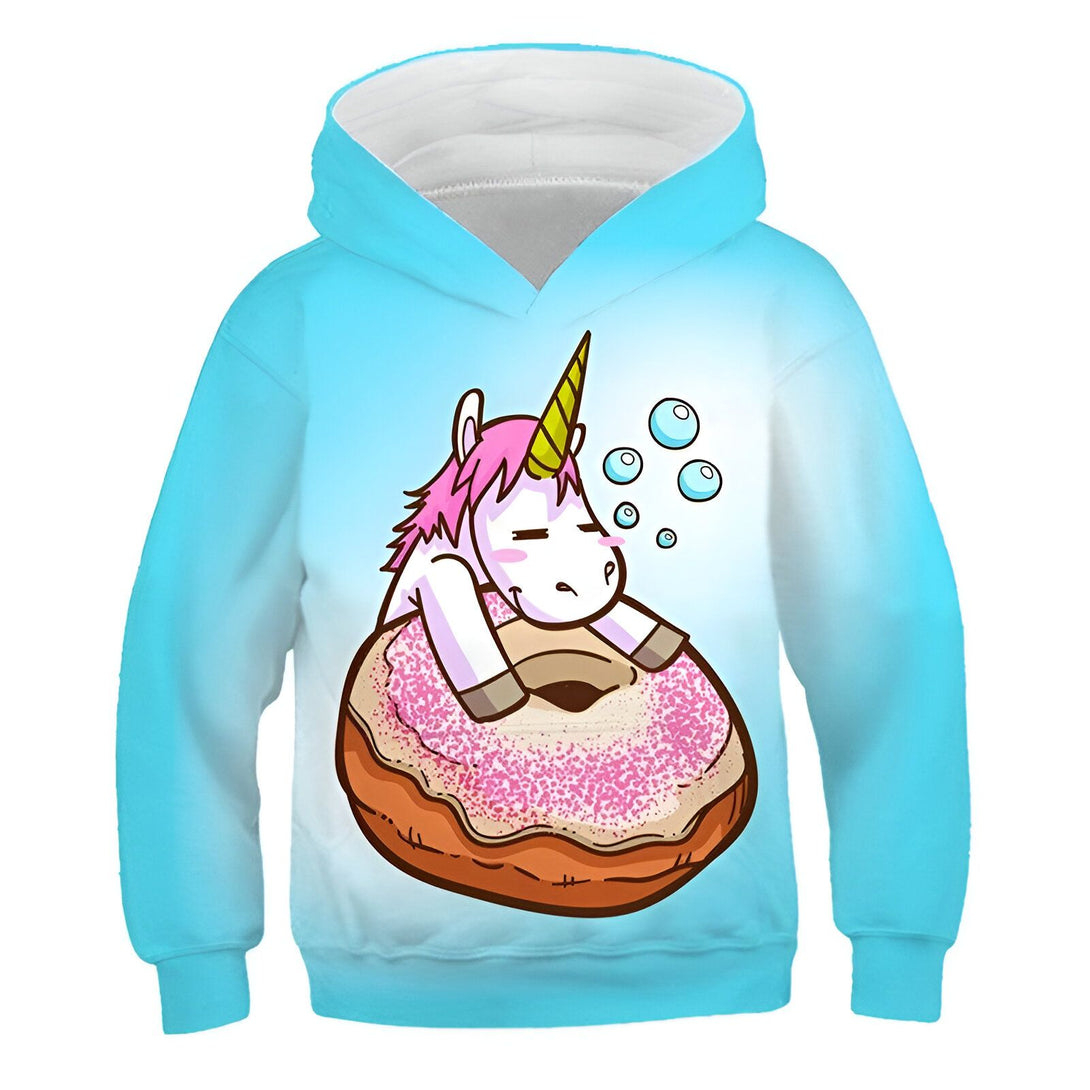 Sweat à capuche bleu ciel avec un motif de licorne rose et blanche endormie sur un donut rose et marron.