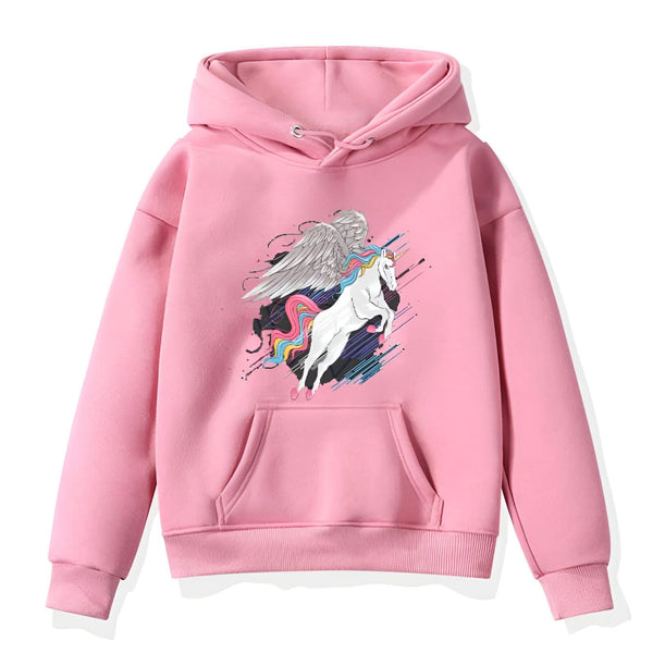 Sweat à capuche rose avec un imprimé de licorne ailée aux couleurs de l'arc-en-ciel. Vêtement confortable et tendance pour enfants et adultes. Mode fantaisie et originale., 45502241407231,45502241439999,45502241472767,45502241505535,45502241538303,45502241571071,45502241603839,45502241636607 | Licorne Shop