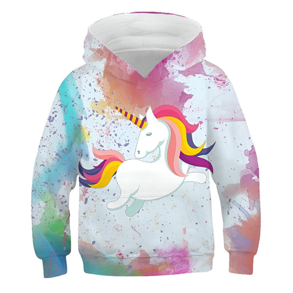 Sweat à capuche à manches longues avec une licorne blanche et arc-en-ciel sur un fond coloré