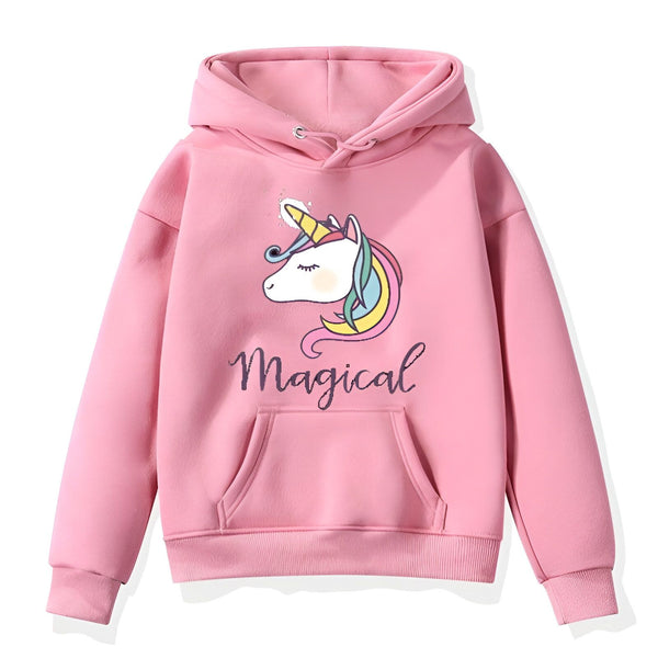 Un sweat à capuche rose avec une licorne et le texte "Magical".