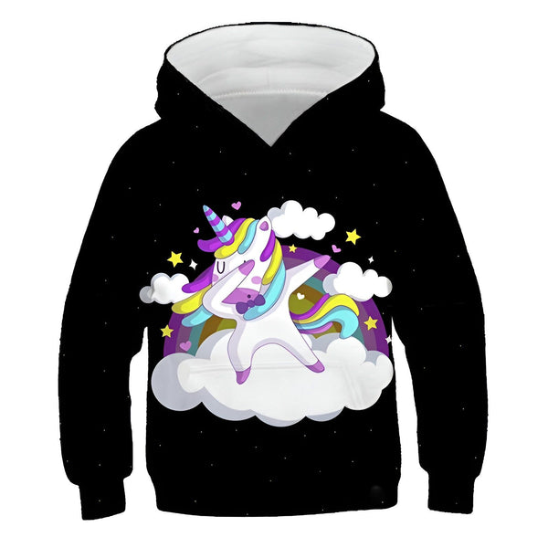 Une illustration d'une licorne dansant le dab sur un nuage arc-en-ciel. La licorne est blanche avec une crinière et une queue arc-en-ciel. Elle porte un nœud papillon violet. Le nuage est blanc avec un contour arc-en-ciel. L'arrière-plan est noir avec des étoiles et des lunes blanches.