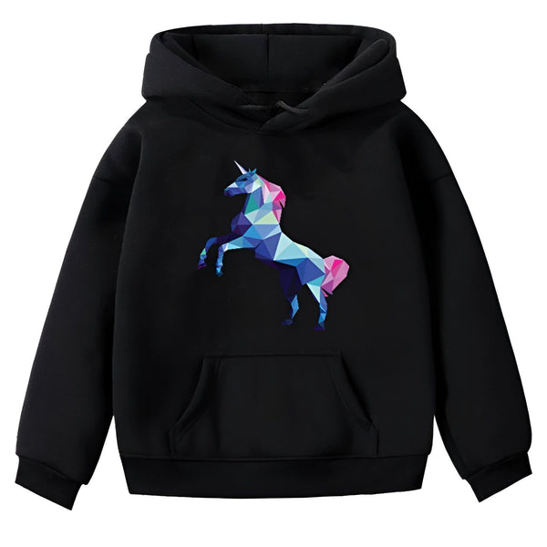 Une illustration d'une licorne multicolore sur un sweat à capuche noir.