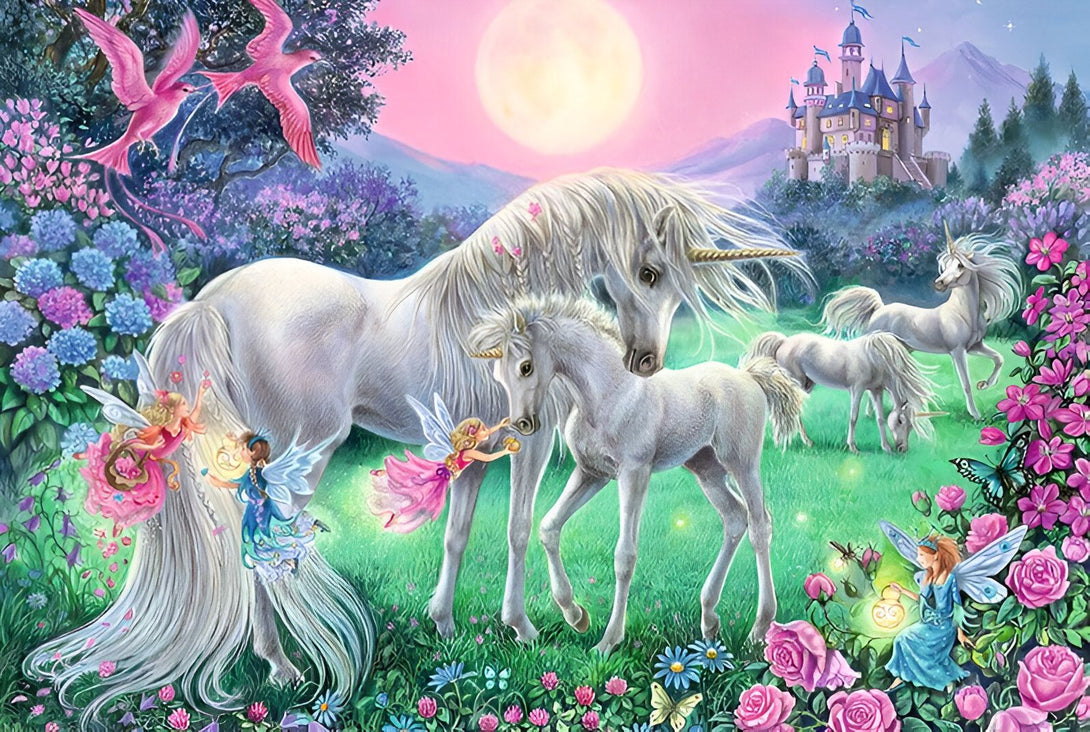 Image féérique montrant des licornes blanches dans un paysage enchanteur. On y voit des fées, des oiseaux roses, un château et une pleine lune dans un cadre de fleurs colorées et de verdure luxuriante., 45501393043711 | Licorne Shop
