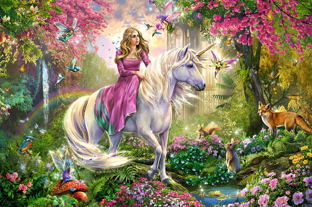 Illustration d'une femme en robe rose chevauchant une licorne blanche dans une forêt enchantée avec des fées, des papillons, une cascade, un arc-en-ciel et divers animaux sauvages., 45501391470847 | Licorne Shop