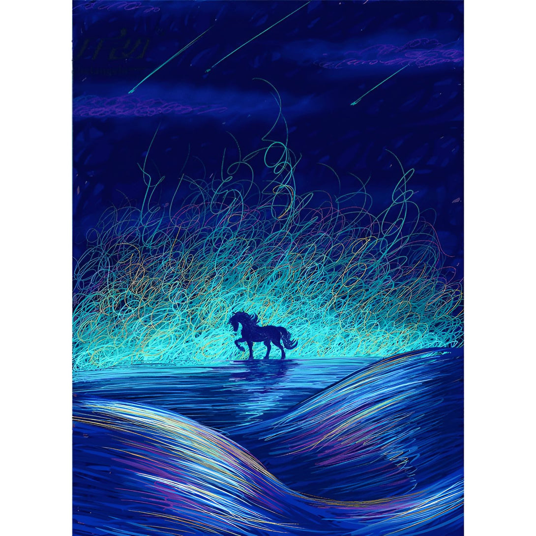 Illustration d'un cheval noir solitaire au bord de l'eau sous un ciel étoilé et des pluies lumineuses. Ambiance nocturne et mystérieuse. Couleurs dominantes : bleu et turquoise., 45501387604223 | Licorne Shop
