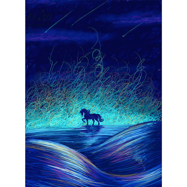 Illustration d'un cheval noir solitaire au bord de l'eau sous un ciel étoilé et des pluies lumineuses. Ambiance nocturne et mystérieuse. Couleurs dominantes : bleu et turquoise., 45501387604223 | Licorne Shop