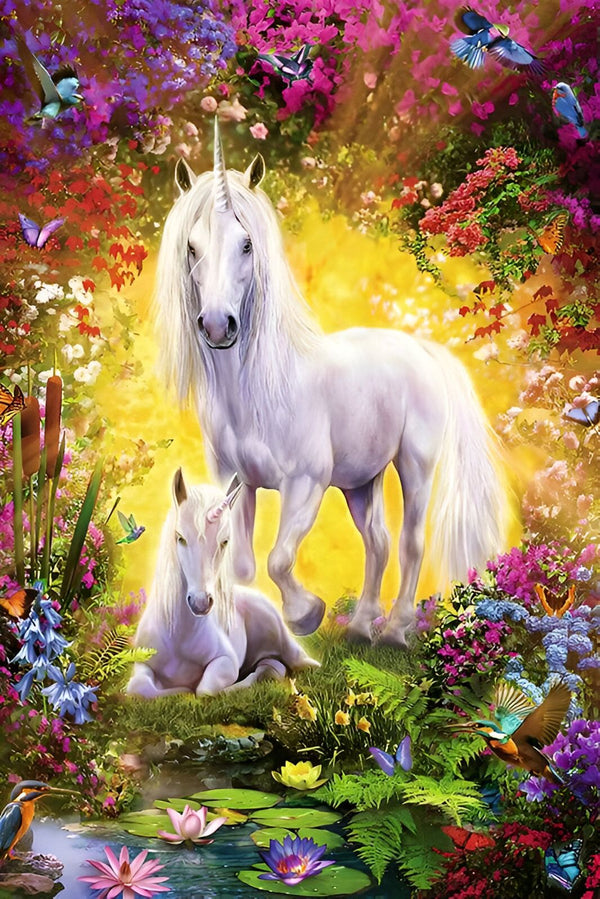 Image d'art fantastique d'une licorne et son poulain dans un jardin luxuriant avec des fleurs, des papillons et des oiseaux colorés. Un étang paisible complète le paysage féérique., 45501392519423 | Licorne Shop