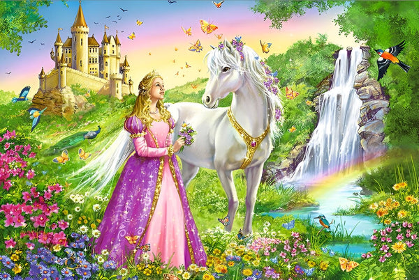 Une princesse blonde en robe rose et violette avec une licorne blanche, un château et une cascade dans un paysage féerique rempli de fleurs, d'oiseaux et de papillons. Un arc-en-ciel est visible près de la cascade., 45501394026751 | Licorne Shop