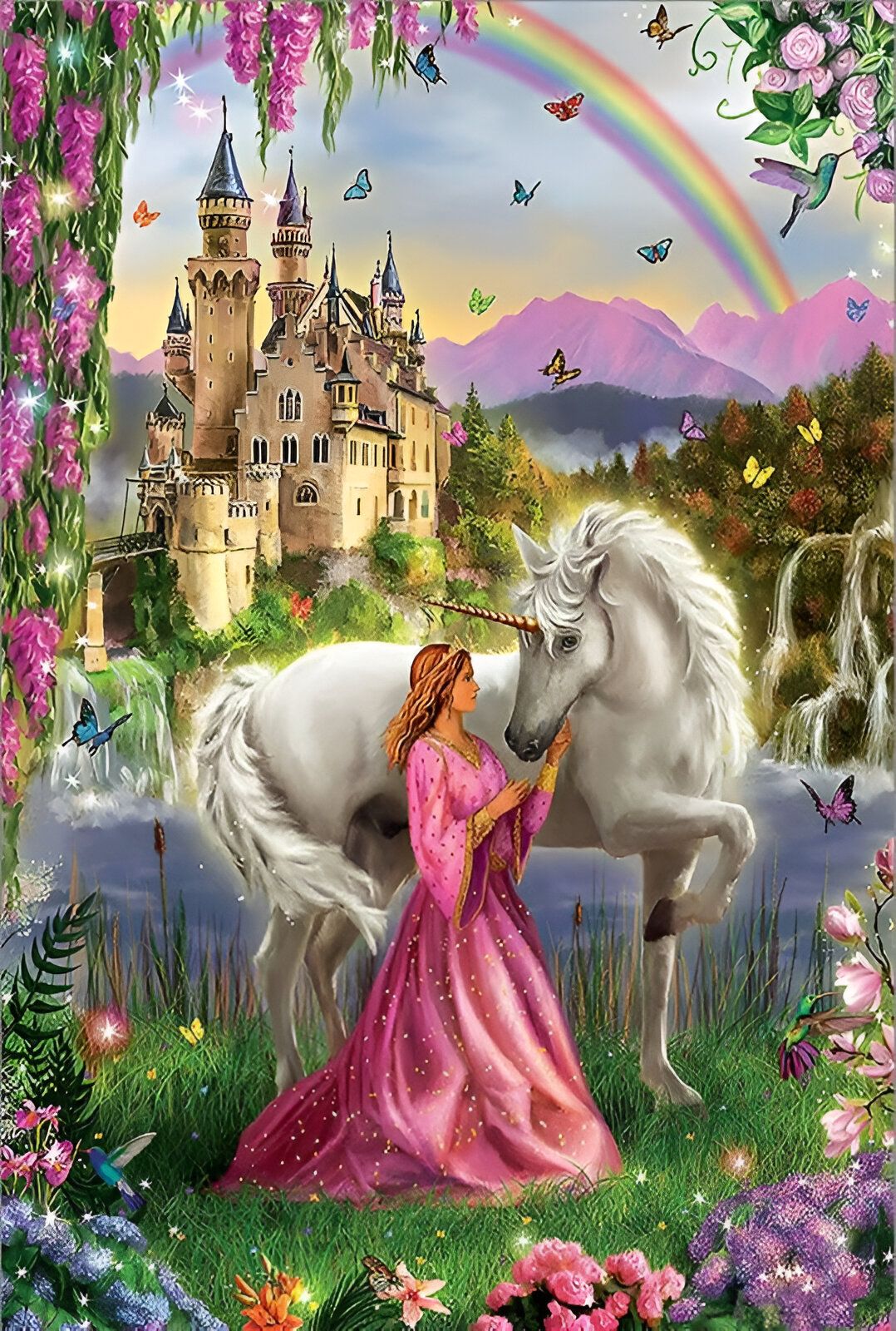Une princesse en robe rose caresse une licorne blanche dans un décor de conte de fées avec château, cascade, arc-en-ciel, montagnes et papillons. Illustration féerique., 45501391175935 | Licorne Shop