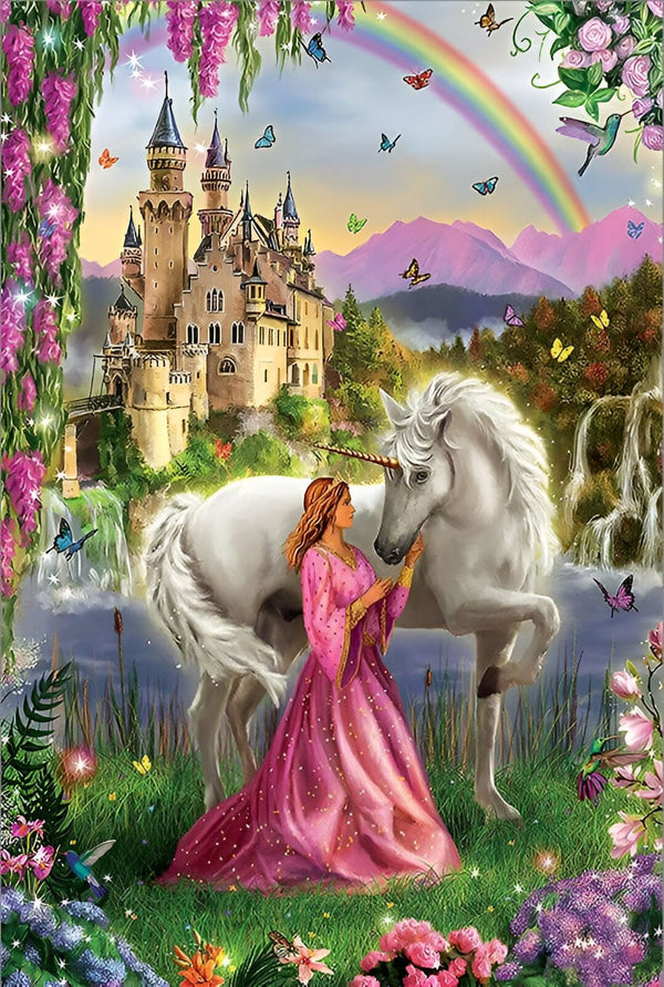 Une princesse en robe rose caresse une licorne blanche dans un décor de conte de fées avec château, cascade, arc-en-ciel, montagnes et papillons. Illustration féerique., 45501391175935 | Licorne Shop