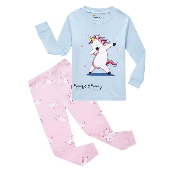 Pyjama enfant "Little Bitty" avec un haut bleu ciel à manches longues orné d'une licorne faisant un dab et un pantalon rose couvert de licornes blanches., 45501981720831,45501981753599,45501981786367,45501981819135,45501981851903,45501981884671,45501981917439,45501981950207 | Licorne Shop