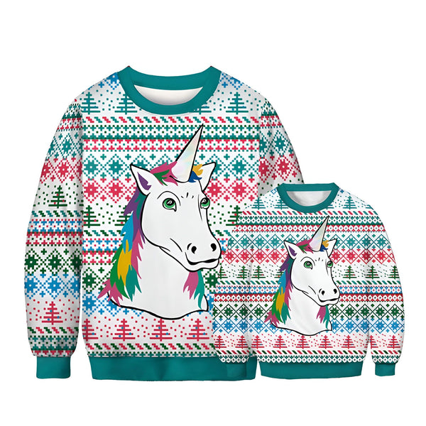 Pull de Noël assorti avec motifs de licornes et de flocons de neige. Idéal pour les fêtes de fin d'année., 45502367727871,45502367760639,45502367793407,45502367826175,45502367858943,45502367891711,45502367924479,45502367957247 | Licorne Shop