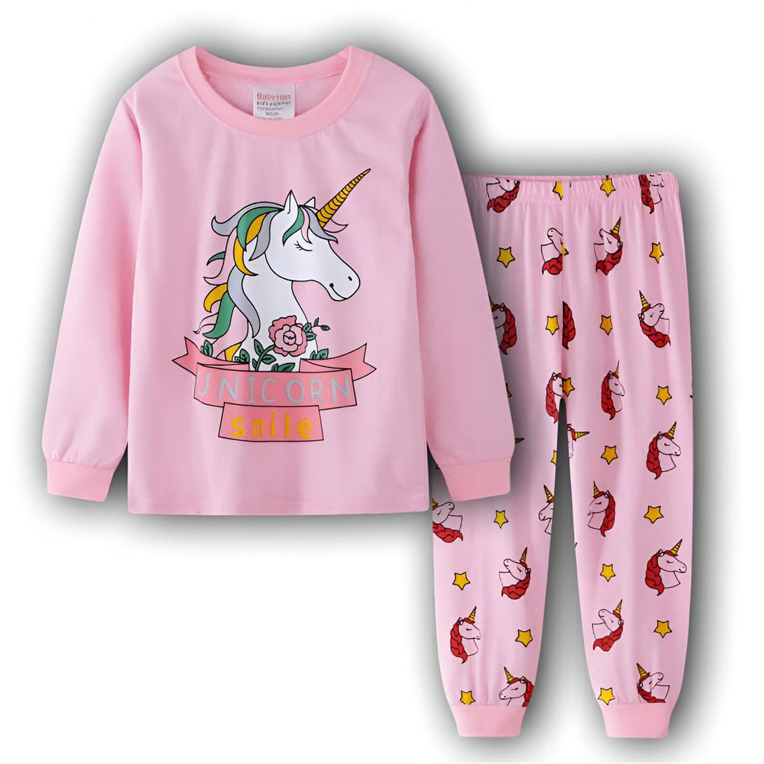 Pyjama rose pour enfant avec motif de licorne sur le haut et le pantalon. Confortable et doux, idéal pour une bonne nuit de sommeil., 45502374772991,45502374805759,45502374838527,45502374871295,45502374904063,45502374936831,45502374969599,45502375002367 | Licorne Shop