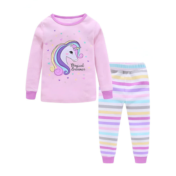Ensemble de pyjama pour enfant rose avec un haut à manches longues orné d'une licorne et un pantalon rayé multicolore., 45502378180863,45502378213631,45502378246399,45502378279167,45502378311935,45502378344703,45502378377471,45502378410239 | Licorne Shop