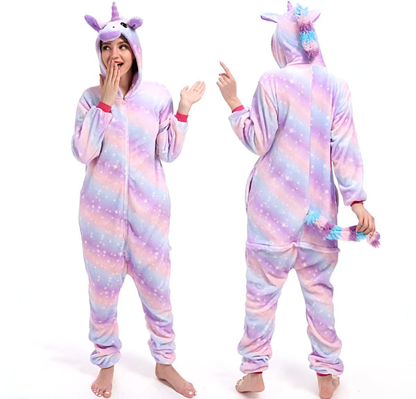Vue avant et arrière d'une femme portant un pyjama une pièce licorne à rayures pastel et capuche, idéal pour les fêtes et soirées pyjama., 45502369628415,45502369661183,45502369693951,45502369726719,45502369759487,45502369792255,45502369825023,45502369857791 | Licorne Shop