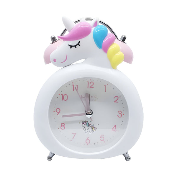 Réveil blanc avec un motif de licorne colorée sur le dessus. Cadran avec des chiffres roses. Aiguilles indiquant l'heure. Style mignon et fantaisiste. Idéal pour une chambre d'enfant., 45501031776511 | Licorne Shop